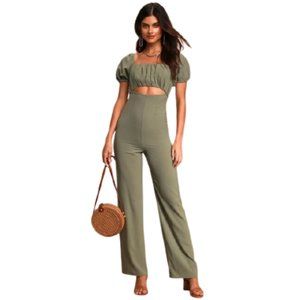 Lulus Green Puff Sleeve Cutout Jumpsuit Romper